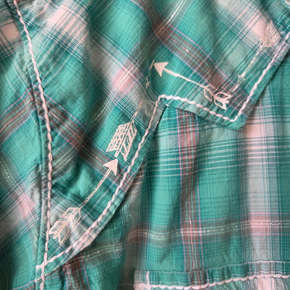 Ariat Womens Teal Plaid Western Snap Shirt Metallic‎ Lurex Arrows Large Country - Picture 3 of 10